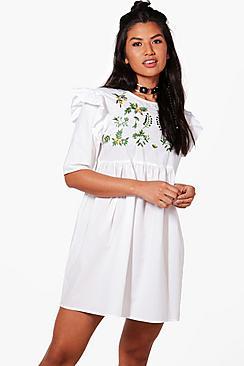 Boohoo Jess Embroidered Smock Ruffle Dress