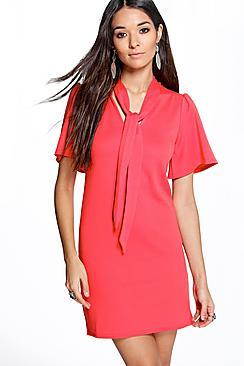 Boohoo Hayley Textured Pussy Bow Shift Dress