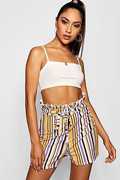Boohoo Daisy Stripe Paperbag Waist Belted Short