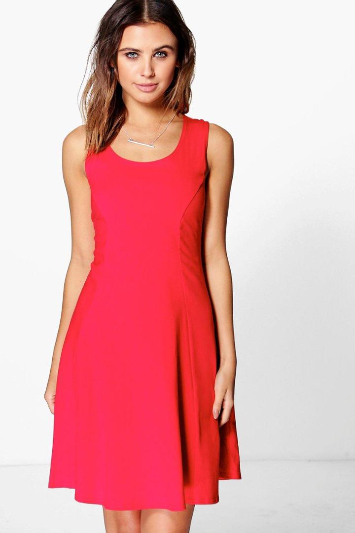 Boohoo Sara Basic Seam Detail Skater Dress Red
