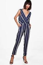 Boohoo Rylee Striped Wrap Front Jumpsuit