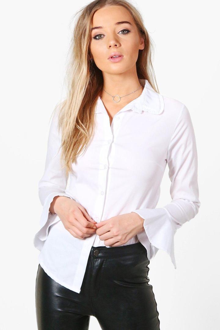 Boohoo Lela Flare Cuff Frill Detail Woven Shirt Ivory