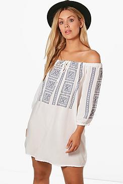 Boohoo Plus Angela Off The Shoulder Embroidery Print Dress