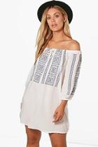 Boohoo Plus Angela Off The Shoulder Embroidery Print Dress