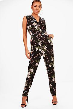 Boohoo Beatrix Floral Wrap Front Jumpsuit