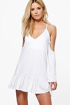 Boohoo Lily Cold Shoulder Frill Hem Shift Dress