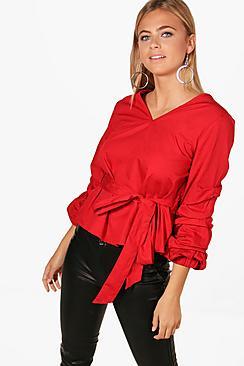 Boohoo Elise Stripe Ruched Sleeve Tie Waist Blouse