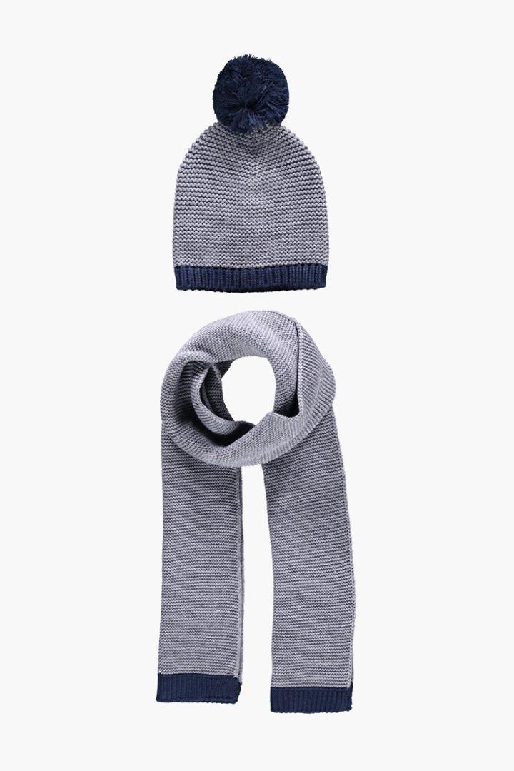 Boohoo Lois Contrast Pom & Edge Beanie & Scarf Set Grey