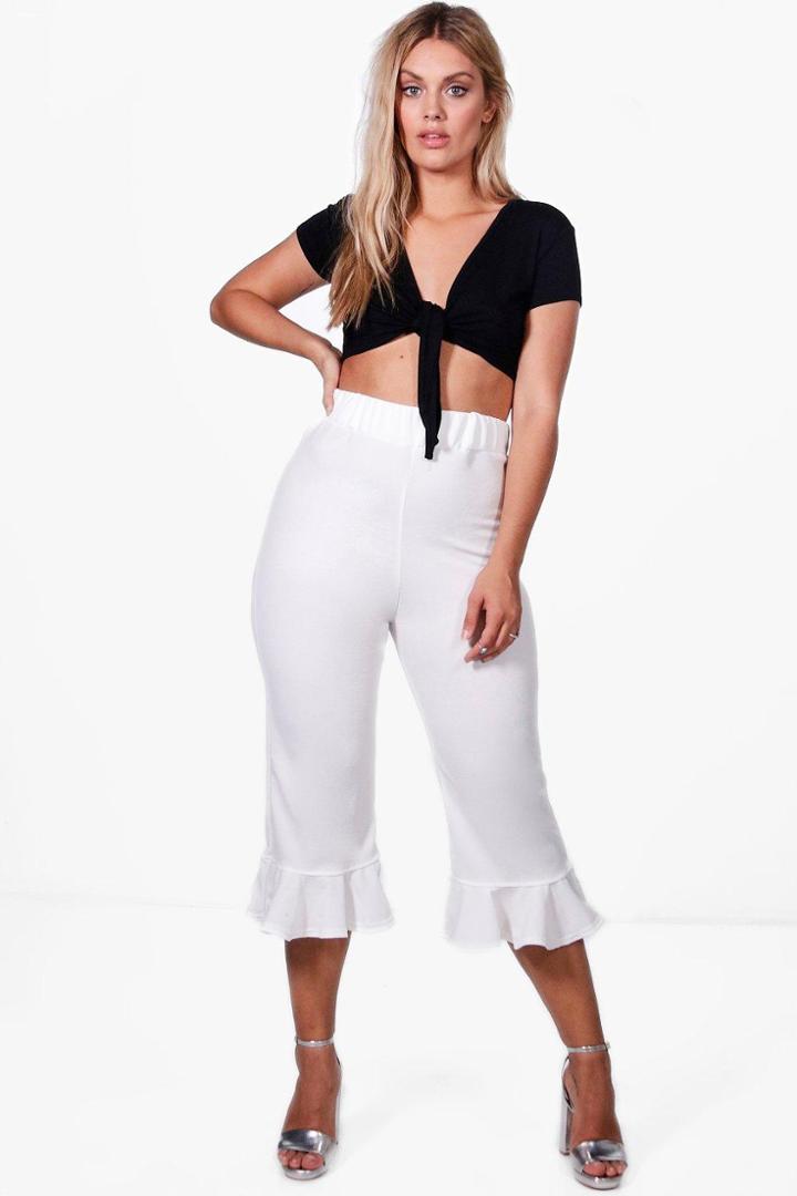 Boohoo Plus Isla Frill Hem Culotte Trouser Ivory