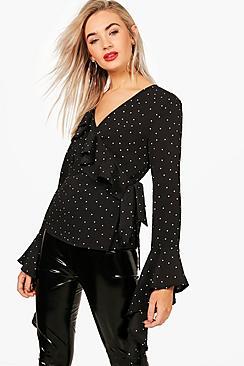 Boohoo Taylor Spot Print Ruffle Tie Blouse