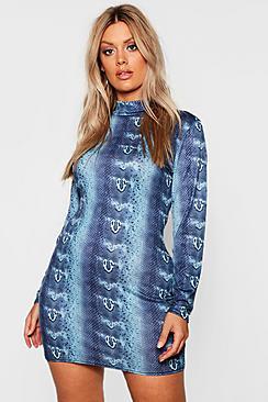 Boohoo Plus High Neck Long Sleeve Snake Print Mini Dress