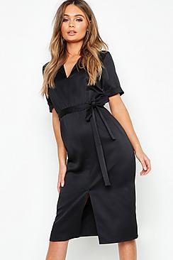 Boohoo Satin Tie Waist Midi Shirt Dress