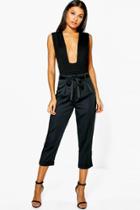 Boohoo Ayah High Waist Belted Cropped Trousers Black