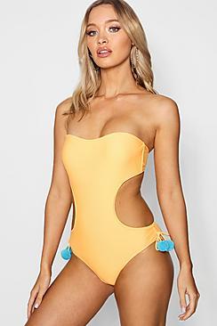 Boohoo Pom Pom Colour Block Cut Out Swimsuit