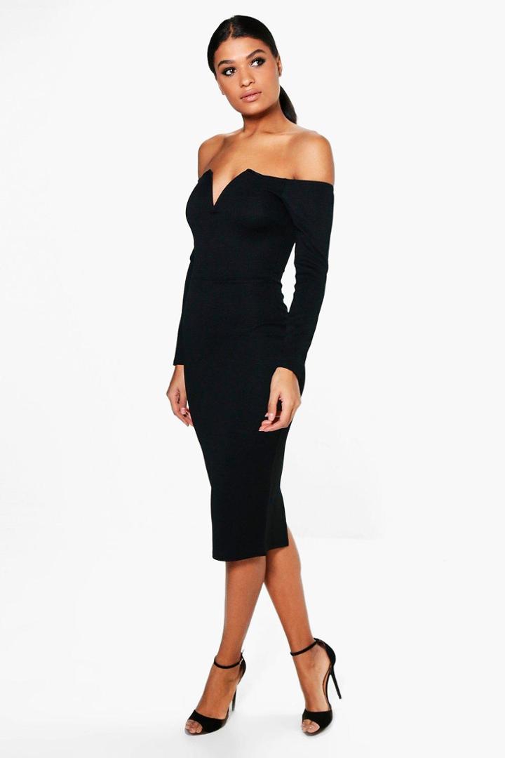 Boohoo Jody V Plunge Off Shoulder Midi Dress Black