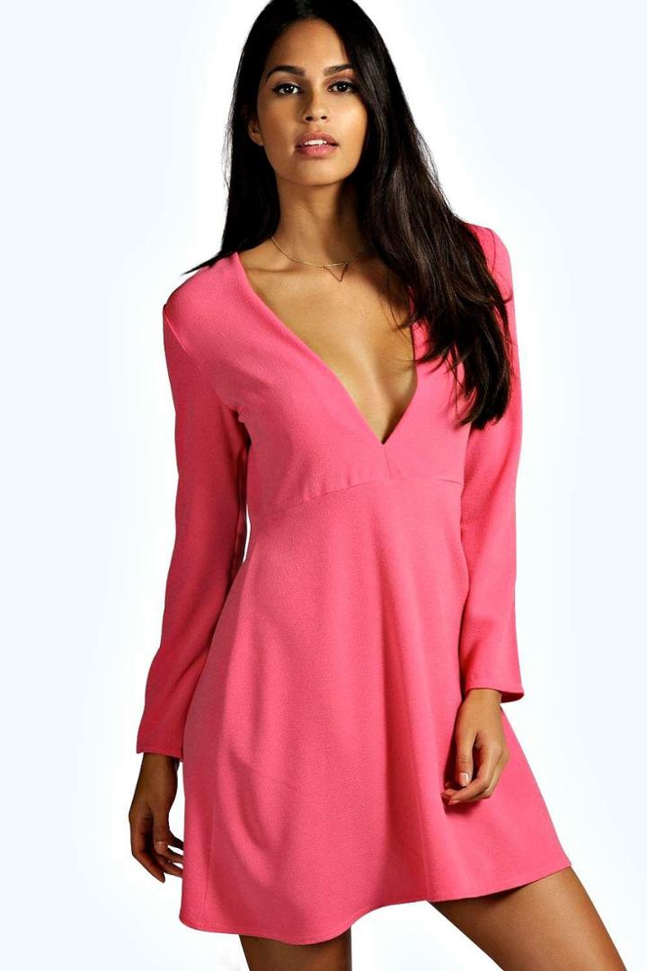 Boohoo Simona Plunge Woven Skater Dress Coral
