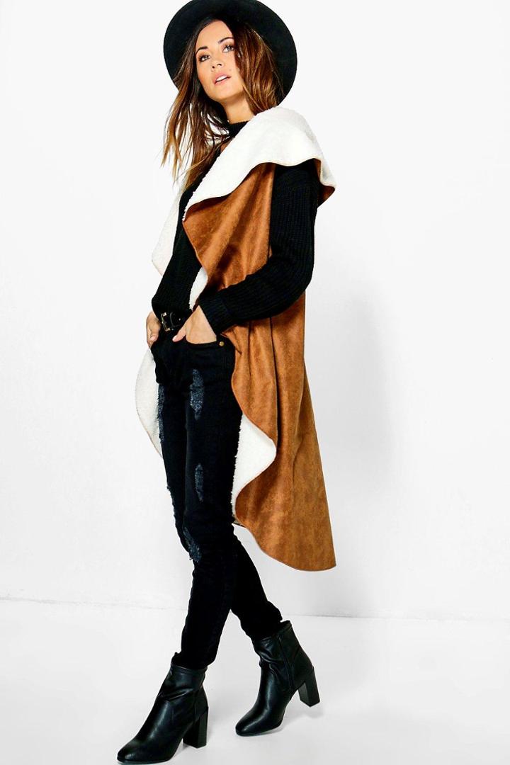 Boohoo Maisie Waterfall Suedette & Borg Jacket Brown