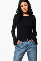 Boohoo Tall Tarni Ribbed Flared Sleeve Top Black