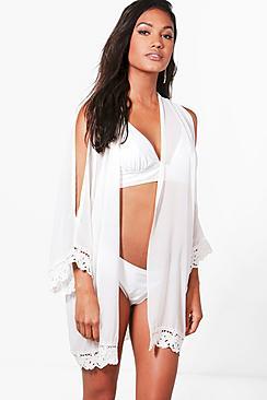 Boohoo Jessica Crochet Trim Cold Shoulder Kimono
