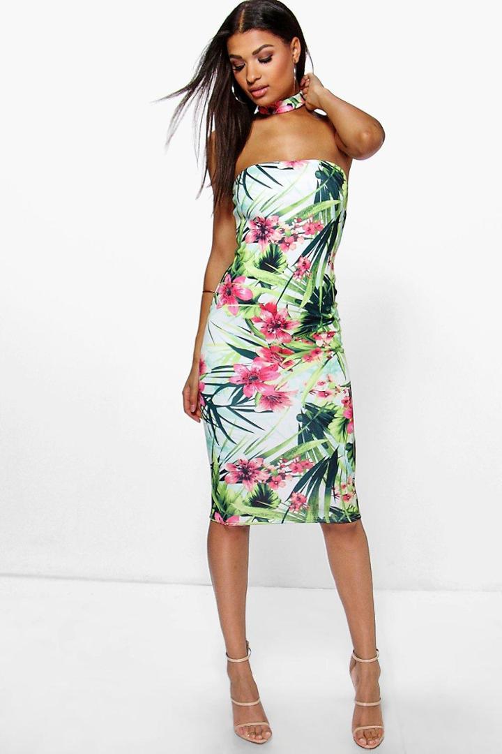 Boohoo Ellie Tropical Choker Midi Dress Multi