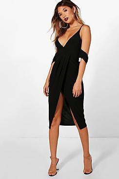 Boohoo Cold Shoulder Wrap Skirt Midi Dress