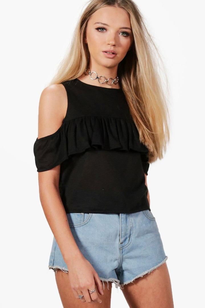 Boohoo Anna Cold Shoulder Ruffle Top Black