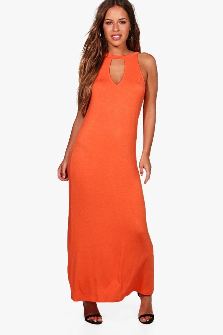 Boohoo Petite Poppy Tie Neck Cut Out Maxi Dress Orange