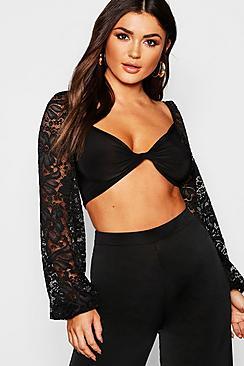 Boohoo Lace Long Sleeve Twist Front Crop Top
