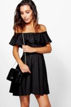 Boohoo Abela Off Shoulder Frill Detail Skater Dress Black