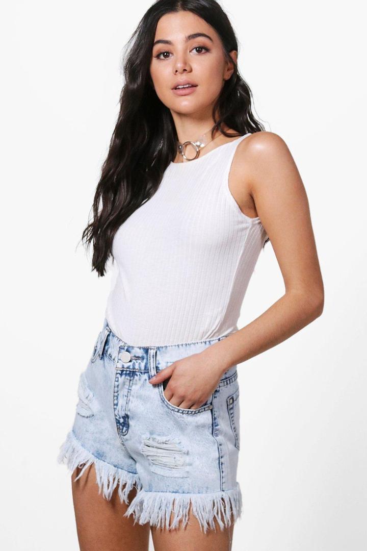 Boohoo Beth High Waist Extreme Fray Mom Shorts Blue