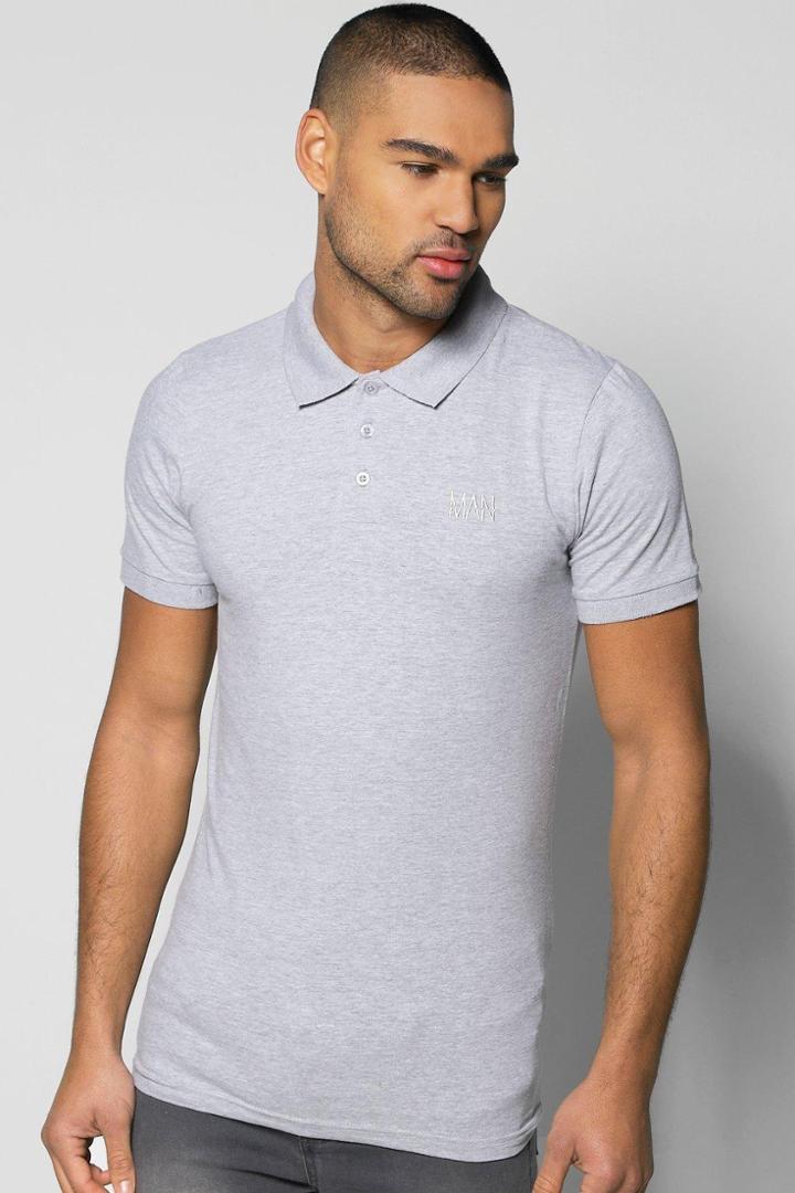 Boohoo Short Sleeve Muscle Fit Polo With Logo Grey