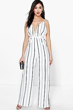 Boohoo Jen Deep Plunge Strappy Wide Leg Jumpsuit