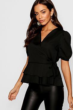 Boohoo Puff Sleeve Frill Peplum V Neck Top