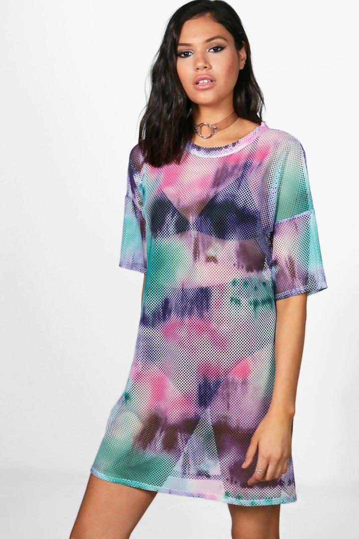 Boohoo Erin Tie Dye Oversized Mesh Dress Multi