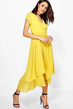 Boohoo Chiffon Cap Sleeve Ruffle Midi Dress