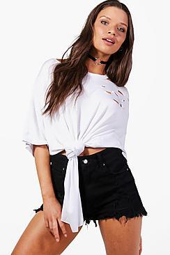 Boohoo Maya Distressed Cold Shoulder Tie Front