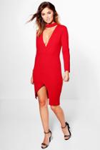Boohoo Lynn Choker Detail Wrap Skirt Bodycon Dress Red