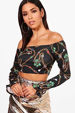 Boohoo Caitlyn Chain Print Crop Flare Sleeve Bardot