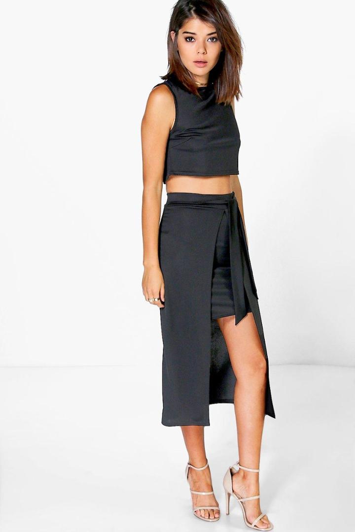Boohoo Ava Tie Waist Skirt And Crop Co-ord Set Black
