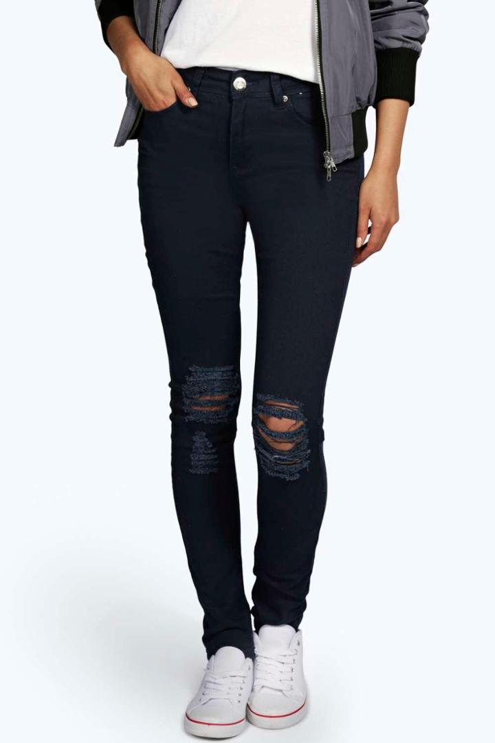 Boohoo Jane Mid Rise Busted Knee Skinny Jeans Navy