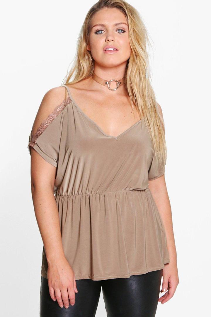 Boohoo Plus Lauren Lace Detail Open Shoulder Slinky Top Mocha