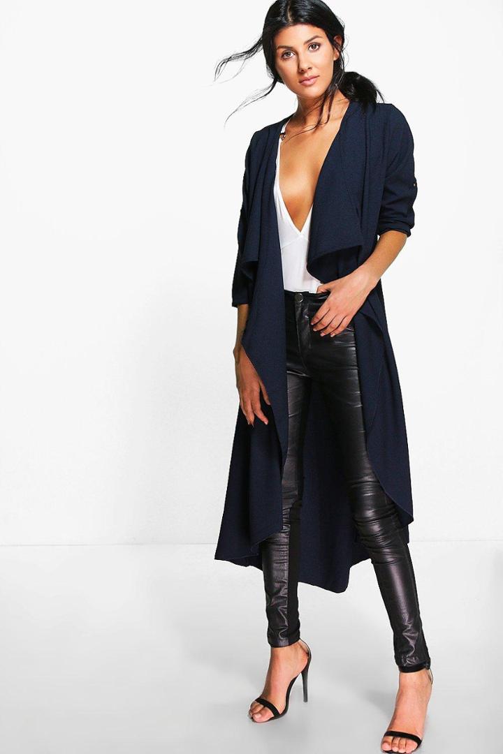 Boohoo Sophia Waterfall Chiffon Button Sleeve Jacket Navy