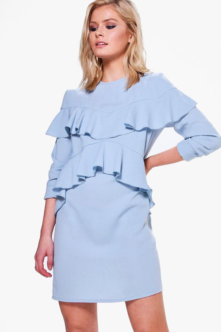 Boohoo Rylie Ruffle Front Shift Dress Bluebell
