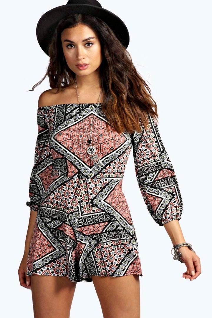 Boohoo Gloria Geo Print Off The Shoulder Playsuit Multi