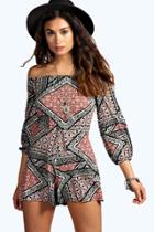 Boohoo Gloria Geo Print Off The Shoulder Playsuit Multi