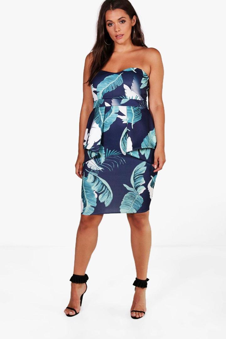 Boohoo Plus Alicia Palm Print Peplum Dress Multi