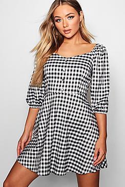 Boohoo Yasmin Button Front Checked Skater Dress