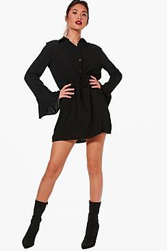 Boohoo Cleo Drawcord Waist Fluted Sleeve Shirt Dress