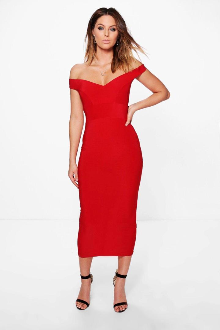 Boohoo Skye Slinky Off Shoulder Bodycon Midi Dress Red
