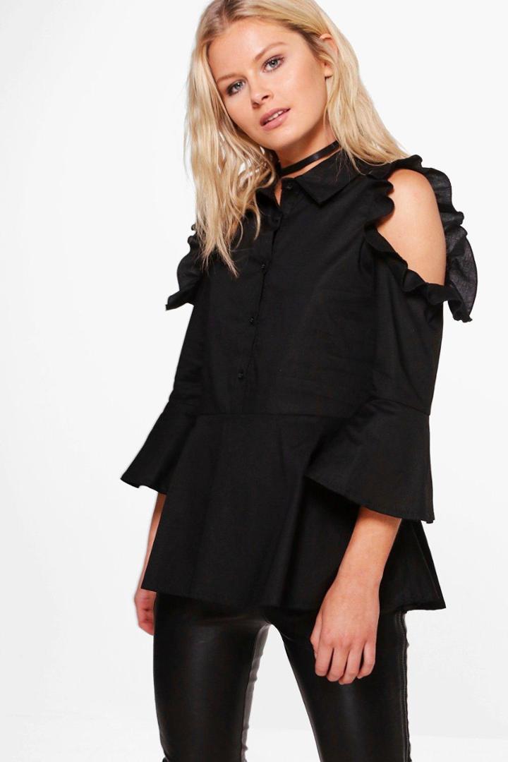Boohoo Woven Frill Cold Shoulder Blouse Black